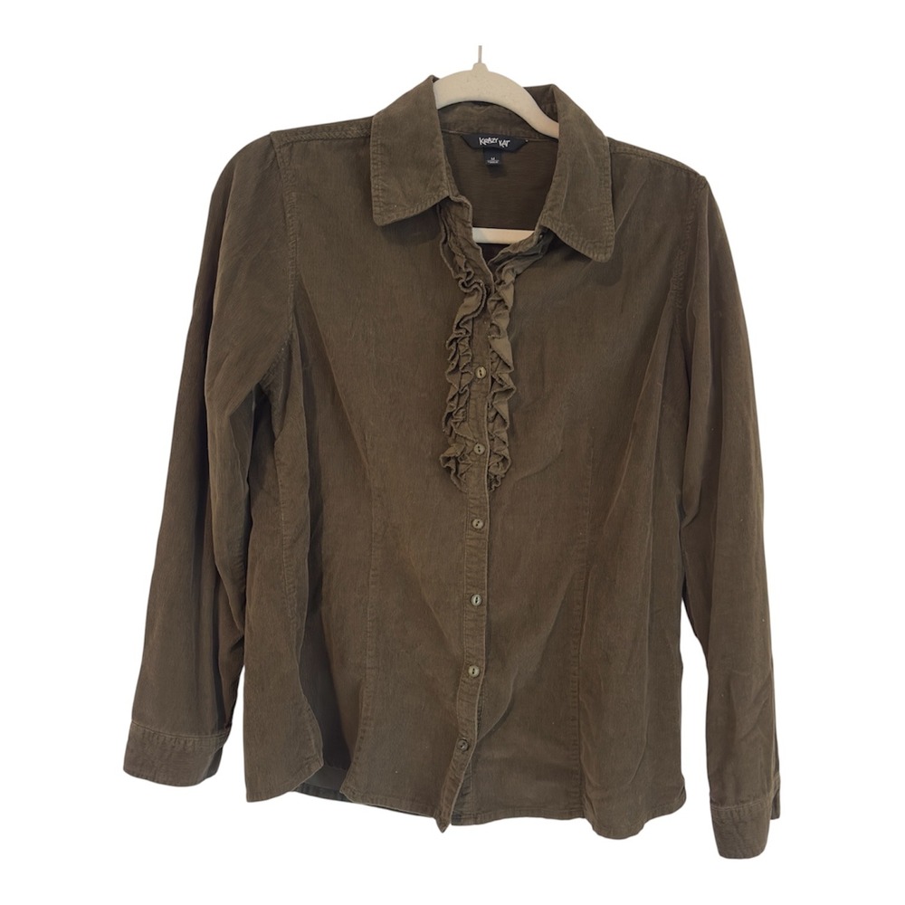 Krazy Kat Womens Olive Corduroy Ruffle Front Button Down Shirt Size M Cotton